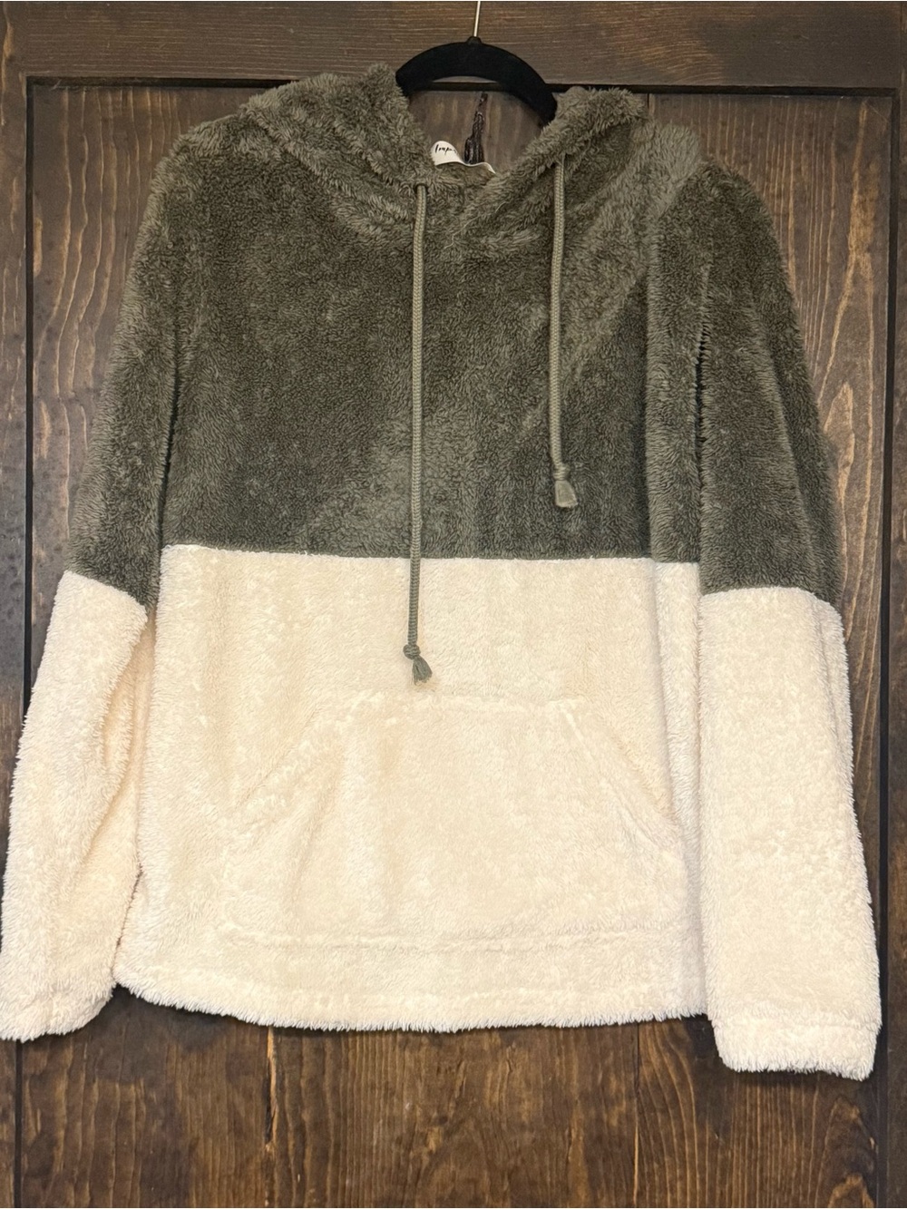 Impressions Two-Tone Hooded Sherpa Pullover - Olive & Cream